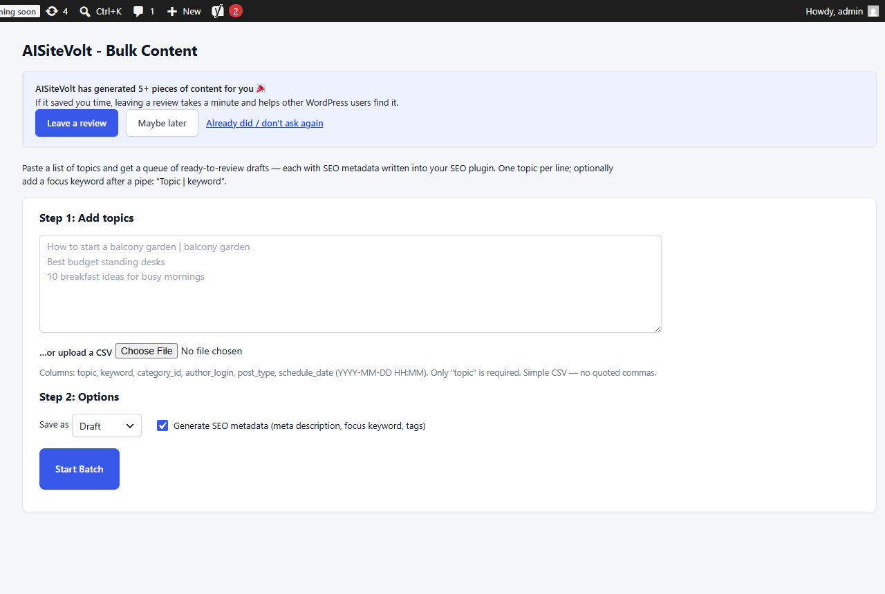 The Bulk Content screen