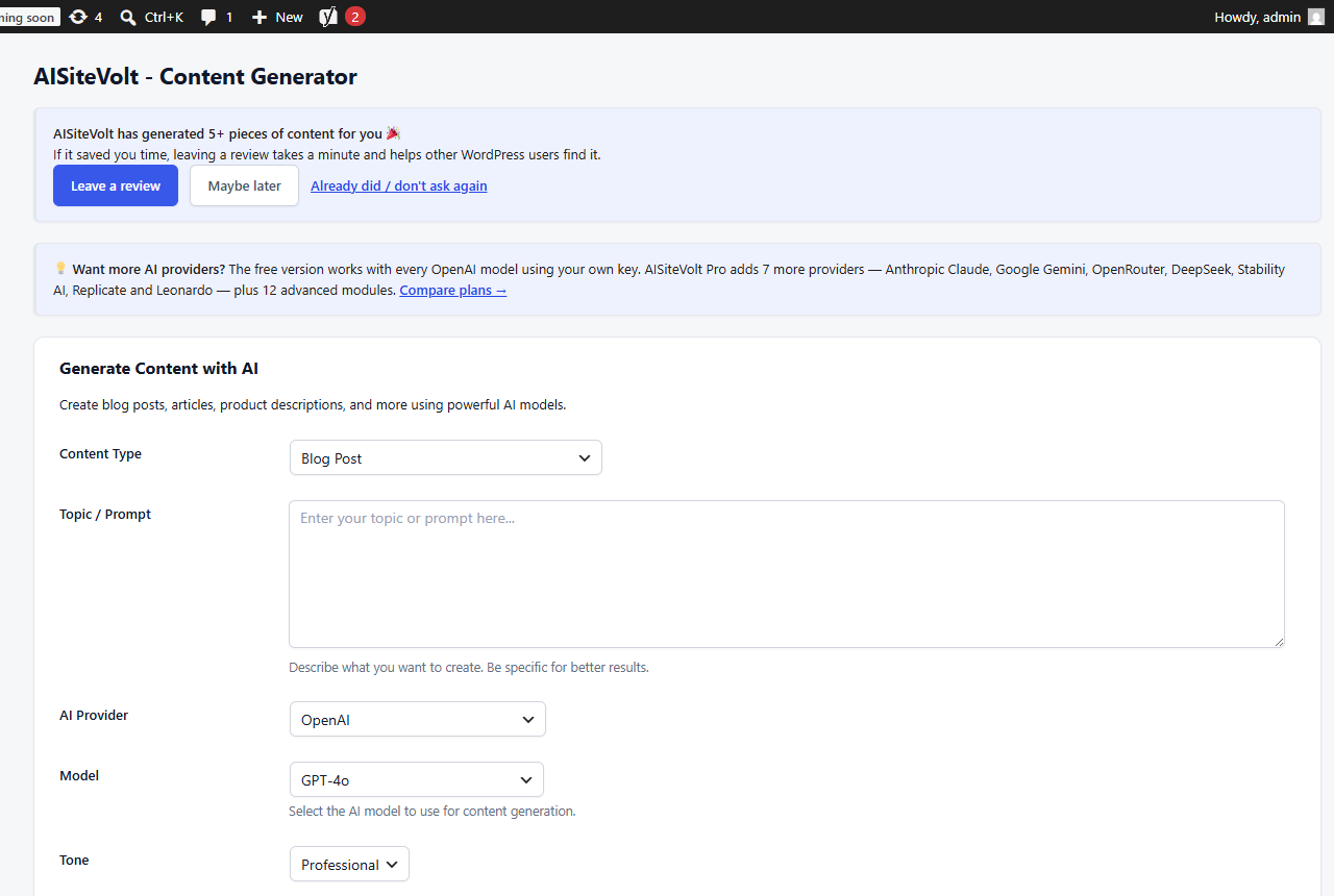 The Content Generator screen