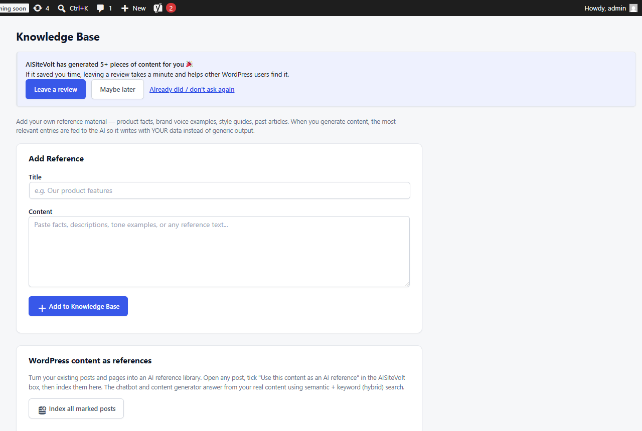 The Knowledge Base screen with bulk indexing