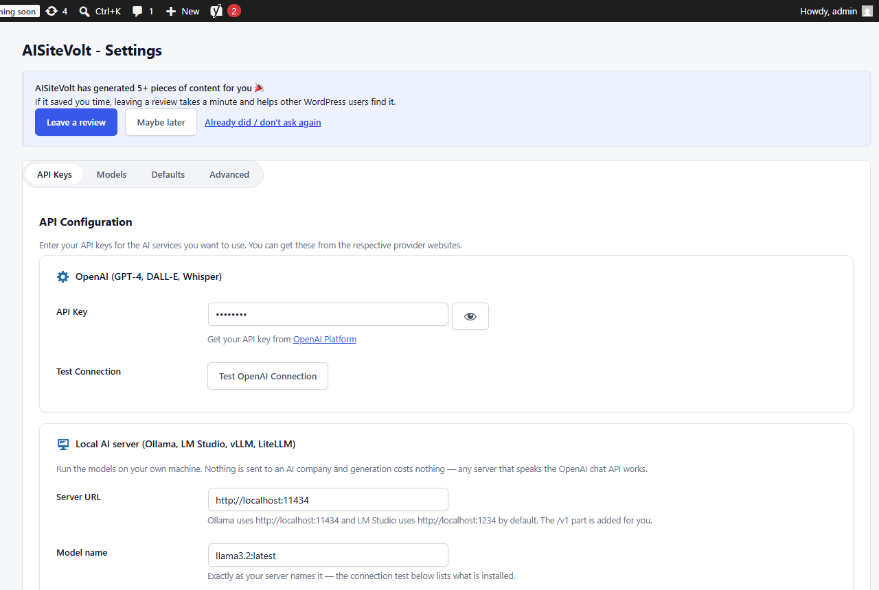AISiteVolt settings screen