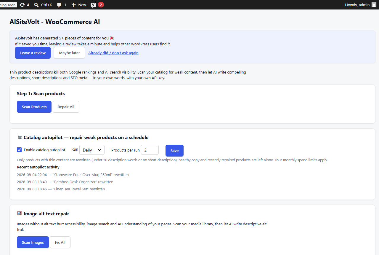 The WooCommerce AI screen with the catalog autopilot